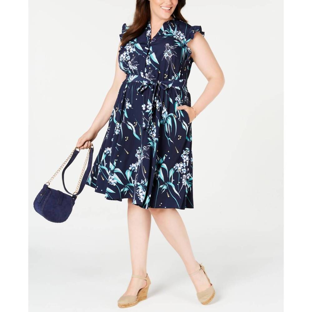 NEW CHARTER CLUB LUXURY printed ruffle sleeve shirtdress - plus in intrepid blue